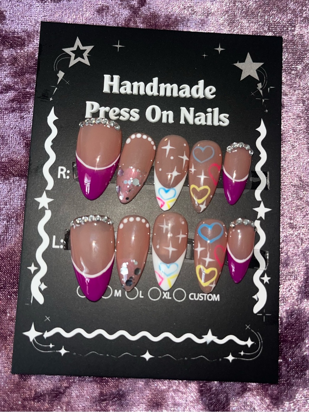 Handmade Pink Accent Press-On Nails with Heart Art